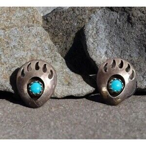 Sterling Silver Bear Paw Turquoise Blue Stone Post Stud Earrings Native American